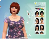 Tworzenie postaci w The Sims 4. Kobieta z rudymi włosami i kwiecistą sukienką wybiera nową fryzurę z dostępnych opcji.