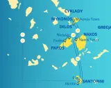 Mapa Cyklady: podróż po greckich wyspach Mykonos, Delos, Paros, Naxos i Santorini.