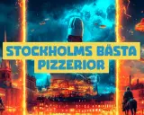 En dramatisk bild med texten "Stockholms bästa pizzerior". En kock i bakgrunden, omgiven av eldiga torn och en stad i neonljus.