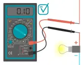 Illustration montrant comment utiliser un voltmètre pour mesurer la tension d'une ampoule. Le cadran est réglé sur V~ (tension alternative).