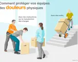 Des employés s'aident pour porter des charges lourdes, certains avec des instructions, d'autres utilisant des outils pour faciliter la manutention.