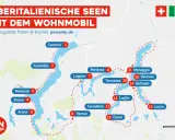 Karte zeigt die oberitalienischen Seen mit Wohnmobilrouten. Orte wie Locarno, Lugano und Como sind markiert.