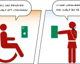 En person i rullstol trycker på en nödöppnare. Hjälp är på väg.
