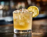 En kyld whiskey sour med is och en citronskiva, redo att avnjutas.