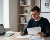 Młody mężczyzna siedzi przy biurku, analizując dokumenty i sprawdzając na laptopie, jak ZUS sprawdza status studenta.