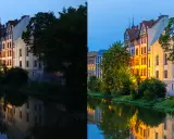 Porównanie **raw vs jpg**: ciemny, surowy kadr z lewej kontrastuje z jasnym, nasyconym obrazem po prawej, ukazującym budynki nad rzeką w wieczornym świetle.