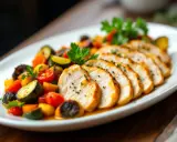 Tranches de filet de poulet savoureux, accompagnées d'un mélange coloré de légumes méditerranéens.