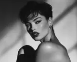 A striking black and white portrait, reminiscent of Herb Ritts' famous photos, captures a woman with dramatic makeup and a short, tousled hairstyle, bathed in dramatic light and shadow.