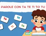 Un bambino impara parole con ta, te, ti, to, tu. Le sillabe fluttuano intorno a lui.