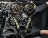 Mechanik w czarnych rękawiczkach montuje łańcuch rozrządu. Sprawdź, jaka jest wymiana rozrządu cena.