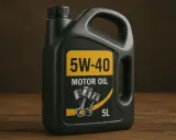 Czarny kanister z olejem silnikowym 5W-40, z etykietą przedstawiającą tłoki i oznaczenie 5L.