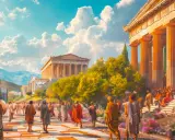 Antike Stadtansicht mit Menschen in Togen, die auf eine Agora zusteuern. Die Architektur erinnert an die Zeit der Demokratie in Athen.