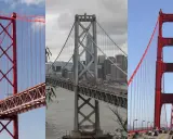 Comparación visual: el rojo vibrante del puente 25 de abril de Lisboa contrasta con el gris del puente de la Bahía de San Francisco y el icónico rojo del Golden Gate.