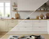 Cocina antes y después de lacar muebles. Gabinetes amarillos transformados a blanco, listos para renovar.