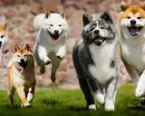 Cinq chiens de race japonaise, Akita Inu, courent joyeusement sur l'herbe.