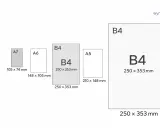 Porównanie rozmiarów papieru: A8, A7, A6, B4 (250x353 mm) i A5. B4 jest większy od A5.