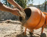 Man adding gravel to an orange cement mixer. The question of cuanto tarda en fraguar el hormigon es clave para la obra.