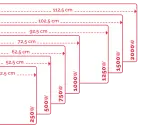 Diagrama de radiadores eléctricos con diferentes potencias (250W a 2000W) y dimensiones.