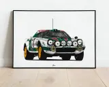 Rysunek kultowego Lancia Stratos w barwach Alitalii, gotowego do rajdu.
