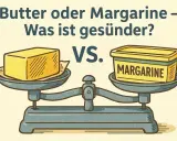 Eine Waage vergleicht einen Block Butter mit einer Margarine-Packung. Die Frage: Butter oder Margarine – was ist gesünder?