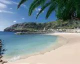 Traumhafter Madeira Strand mit türkisfarbenem Wasser, goldenem Sand und grünen Hügeln im Hintergrund. Palmen spenden Schatten.