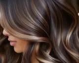 Cabello castaño con mechas melting que brillan, creando un efecto de luz y sombra en ondas suaves.