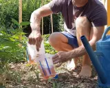 Un homme verse un liquide ambré d'une bouteille dans un pichet gradué, prêt à arroser son jardin.