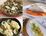 Cuatro platos deliciosos y comidas fáciles de hacer: alcachofas, pescado con verduras, pollo al limón y tortilla.