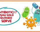 I batteri sono mostrati con espressioni spaventate mentre un antibiotico viene aperto. Il messaggio è: "Antibiotici? Usali solo quando serve".