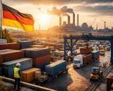Niemiecka gospodarka w pełnym rozkwicie: port pełen kontenerów, ciężarówki i dźwigi pod flagą Niemiec, w tle elektrownia.