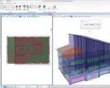 Interfaz de software para diseño de edificios, mostrando un modelo 3D y planos. Se observan herramientas BIM para la creación y modificación de elementos arquitectónicos.