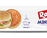 Opakowanie bułek do mini burgerów Roberto z sezamem, z widocznymi dwoma przykładowymi mini burgerami.