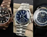 Tre orologi di lusso: Rolex GMT-Master II, Vacheron Constantin e Patek Philippe con complicazioni per fusi orari, mostrando il significato di GMT.