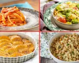 Un viaggio tra 10 piatti tipici del Lazio: spaghetti al pomodoro, pasta con verdure, patate al forno e pasta e ceci.