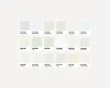 Palette di tonalità bianco caldo: Blanc de Blanc, Egret, Marshmallow, Vanilla Ice e altre sfumature delicate.