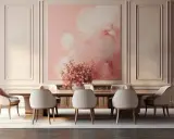 Elegancka jadalnia z subtelną sztukaterią i tapetą w pastelowych kolorach. W centrum stół z krzesłami, nad nim obraz z różowymi chmurami.