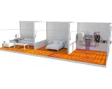 Diagrama de un circuito suelo radiante en una casa con salón y dormitorio. Se ve la instalación de tuberías bajo el suelo.