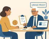 Urzędnik pieczętuje dokumenty, by pomóc kobiecie dowiedzieć się, jak się zwolnić żeby dostać zasiłek dla bezrobotnych.