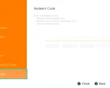 Ekran Nintendo Switch z opcją "Redeem Code" (Zrealizuj kod). Można tu wpisać kod Nintendo eShop, członkostwa Nintendo Switch Online lub inny.