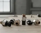 Kilka czujników ciśnienia paliwa diesel leży na drewnianym stole obok narzędzi. Mogą to być objawy uszkodzonego czujnika.