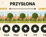 Przysłona w aparacie fotograficznym inaczej: od rozmytego tła do ostrości. Pokazane są różne wartości przysłony (f/1,4 do f/16) i ich wpływ na głębię ostrości.