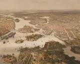 Vy över Stockholm med många fartyg i hamnen, en vy som ger en känsla av stockholms historia och stadens utveckling genom tiderna.