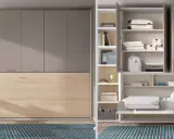 Armario con cama abatible vertical, estanterías y espacio para colgar ropa. Ideal para optimizar espacios.