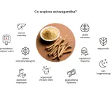 Ashwagandha w proszku i korzenie otoczone ikonami ilustrującymi jej działanie: wątroba, cukier, antyoksydacja, płodność, odporność, układ nerwowy, wydolność, sen.