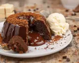 Gâteau au chocolat coulant, illustrant la différence entre moelleux et fondant. Servi avec une boule de glace à la vanille.