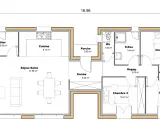Plan de maison simple avec séjour-salon, cuisine, cellier, entrée, WC, S.Eau, et trois chambres.