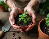 Mains tenant un jeune plant de persil, signe d'un bon temps germination persil. Une petite pelle est à côté.