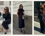 Three women showcase chic outfits. The right image answers: does navy go with brown? Yes, a navy pinstripe suit is paired with a brown poncho and bag.