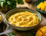 Cremiger, goldgelber Mango Curry Dip mit Pfeffer bestreut, daneben frische Mangostücke, Koriander und Knoblauch.