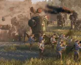 Żołnierze w niebieskich mundurach walczą z mechanicznymi maszynami w scenerii przypominającej "iron harvest".